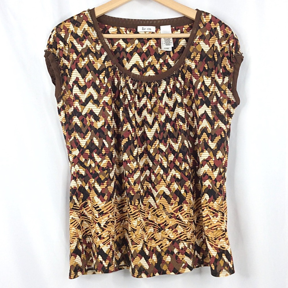 Liz&Co. Top Women's Size Large Cap Sleeve Brown Burgundy Geometric